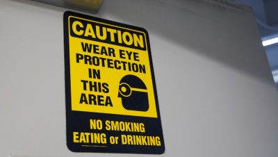 Sign caution wear eye protection in this area | no smoking, eating or drinking