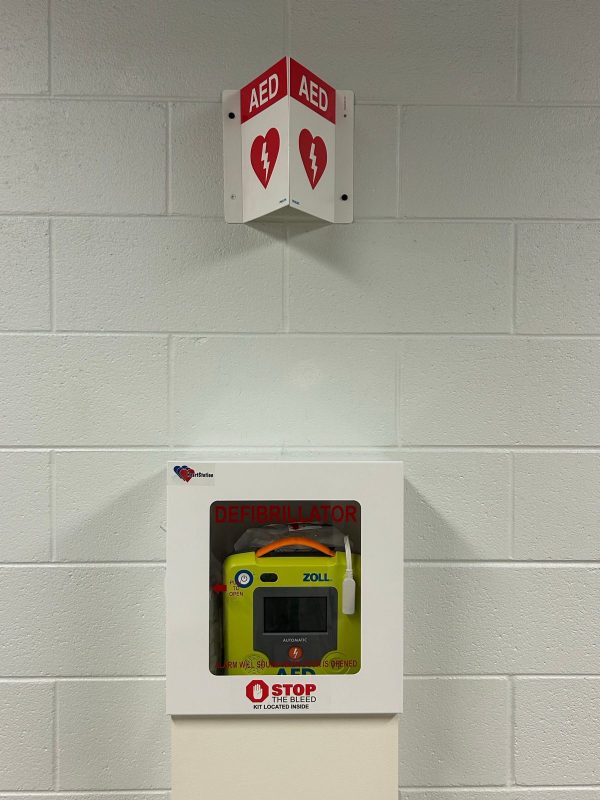 An AED station located in the Public Safety Building